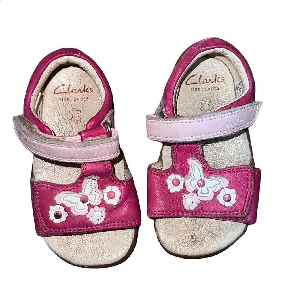 Clarks PInk White Floral Butterfly Strappy Sandals Toddler Girl 4.5 EUC